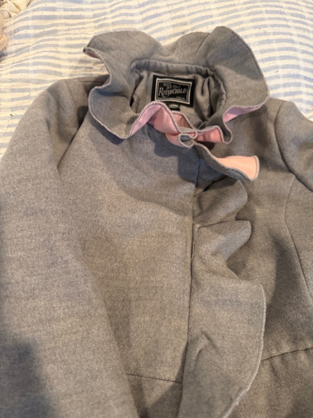 Rothschild Girls' Gray Coat with Pink Trim Ruffle Collar